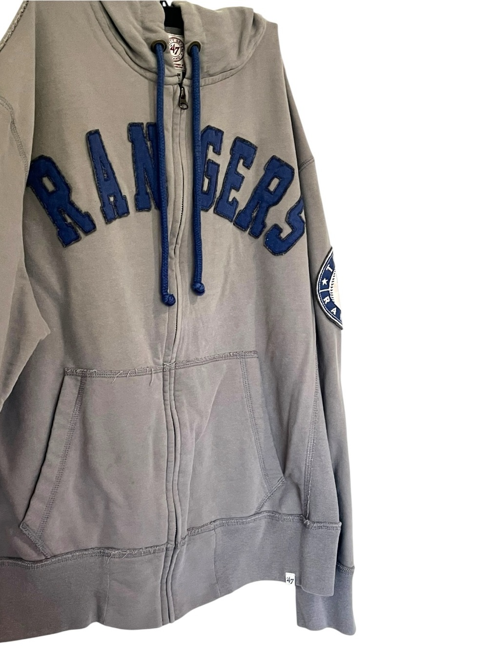 47 Brand Gray Hooded Texas Rangers Baseball Jacket M 100% Cotton Pocket Appliqué